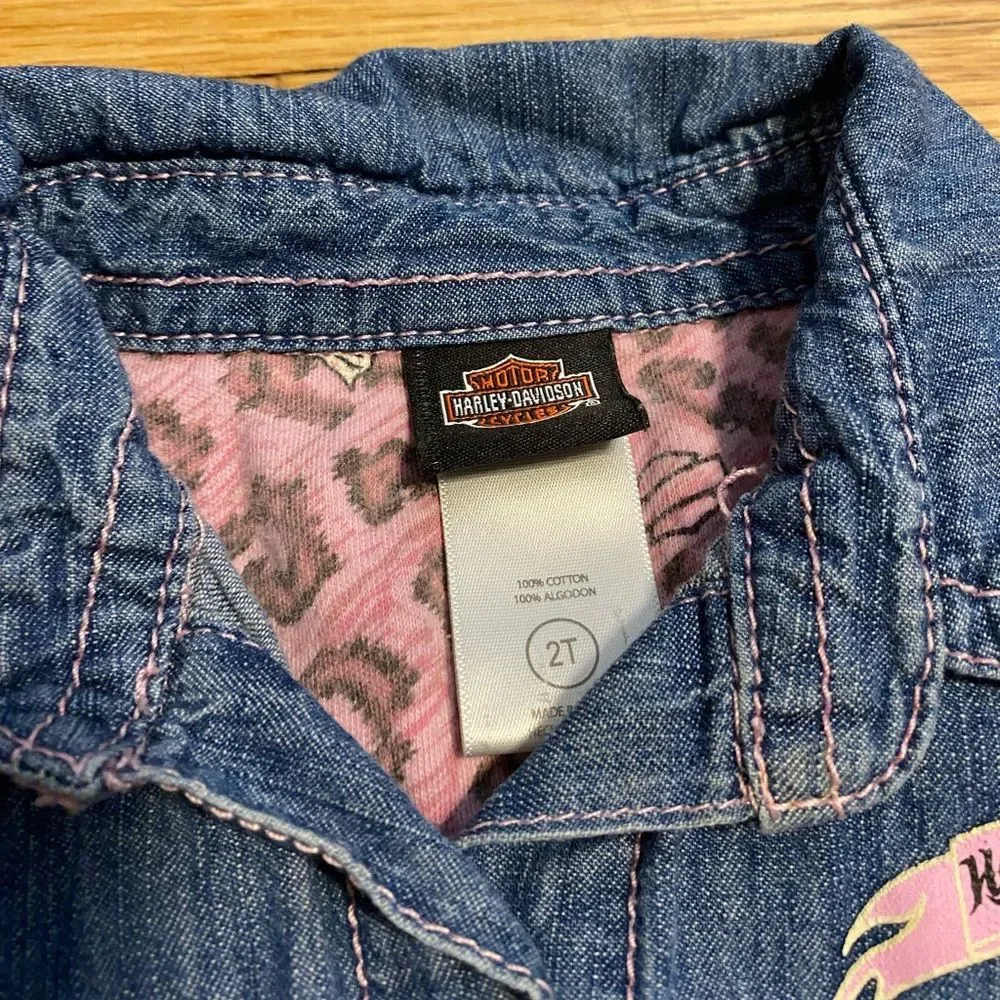 Harley Davidson Girls' Toddler 2T Denim Jacket with Pink Accents Button Down
